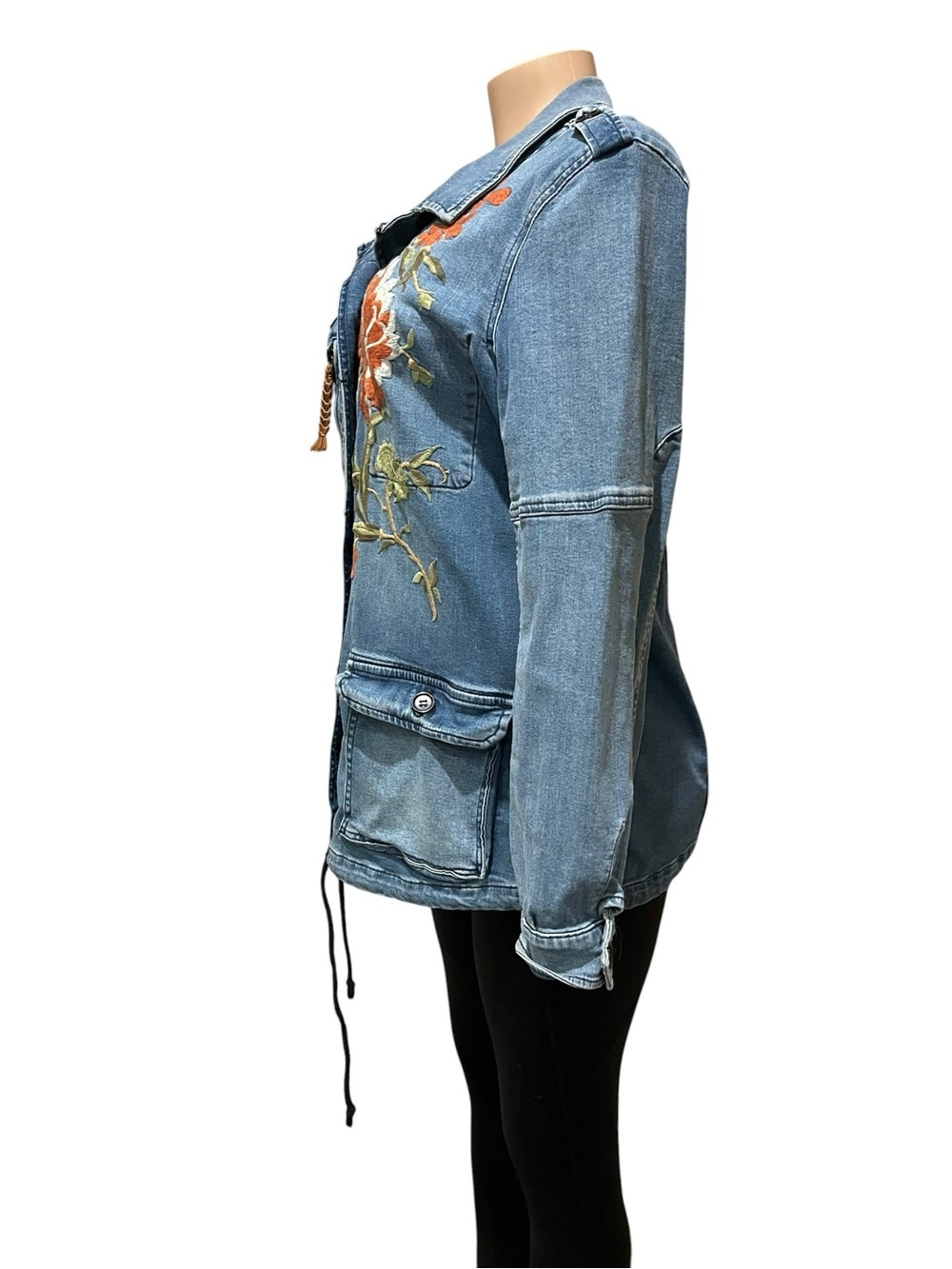 Pilcro Light Blue 100% Cotton Denim Jacket with Orange Floral Embroidery - Picture 4 of 9